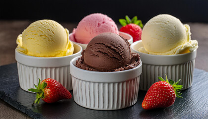 Boules de glace de différentes saveurs servies dans une coupelle, avec des fruits frais. 