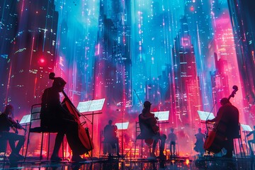 Classical  Cyberpunk A neondrenched cityscape with holographic projections of classical musicians performing on futuristic stages