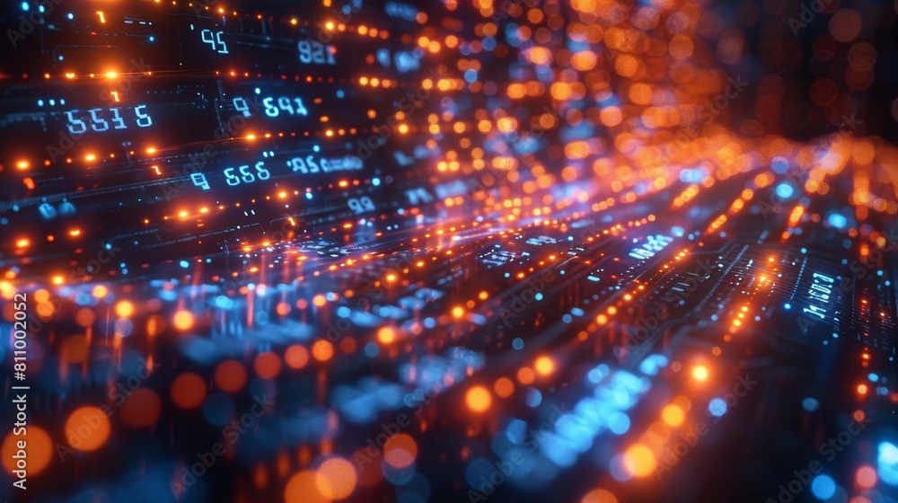 Poster modern digital design featuring circuit pattern, binary codes, on a dark background, embodying a fut