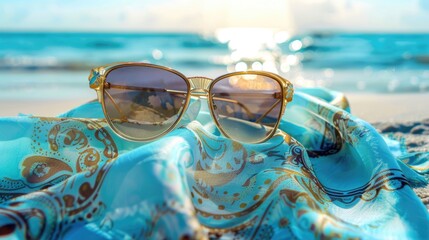 A pair of azure sunglasses rest on a towel by the waters edge on the beach, offering vision care and style for a sunny day of travel AIG50