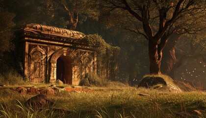 Fototapeta premium Exterior of Ancient Building in a Forested Area 🌲 Old and Abandoned Structure in a Hidden Wilderness