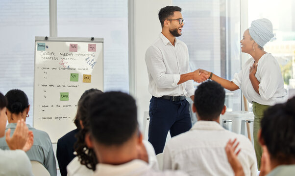 Handshake, presentation and workshop with business people in office together for award ceremony. Presentation, thank you or trust with employee man and woman shaking hands for welcome or introduction