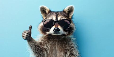 funny raccoon  with glasses, giving thumb up, isolated on blue background,