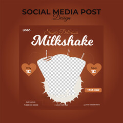 Delicious milkshake social media post vector. Cafe and juice bar promotion template design for marketing. Beverage advertisement poster vector with podiums.