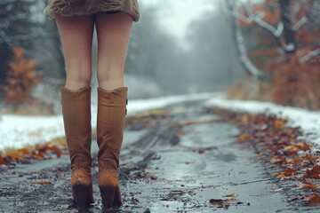 Woman Walking Down a Rainy Road