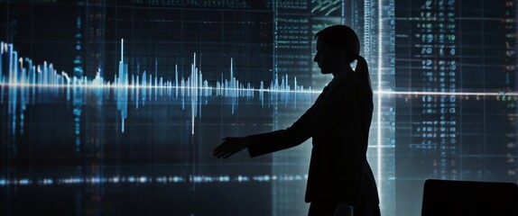 man and women shaking hands after an interview is in a silhouette double exposure. In the background is a flow of data showing various cyber threats and vulnerabilities. Stylish in the style of double