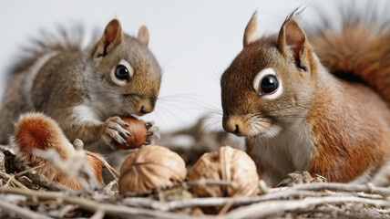 Two adorable squirrels with bushy tails eating nuts, surrounded by twigs and walnuts, against a neutral background. - Powered by Adobe