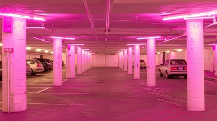 Neon lit underground parking with cars and vibrant fluorescent signage in composite images