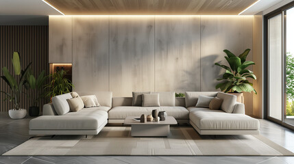 living room interior. Sleek and Stylish: 3D Render of Modern Living Room with Sofa - Ideal for Home Decor Enthusiasts