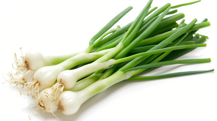 bunch of green onions on a white background