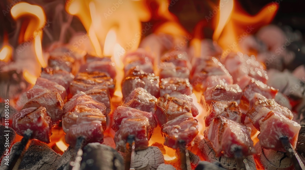 Poster grilling succulent raw pork skewers over an open flame on the grill capturing the essence of prepari