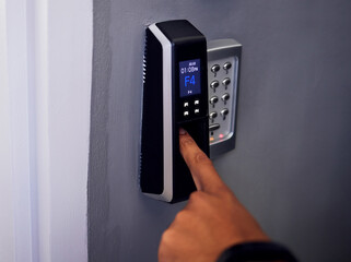 Hand, access and intercom by door with security for entrance, safety and biometric scan for fingerprint. Finger, electronic lock and surveillance system with code, privacy and keypad for entry pin