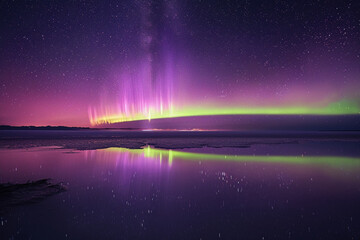 Violet and green aurora shine in the night sky, reflections in calm water, Very twisty aurora fills the sky