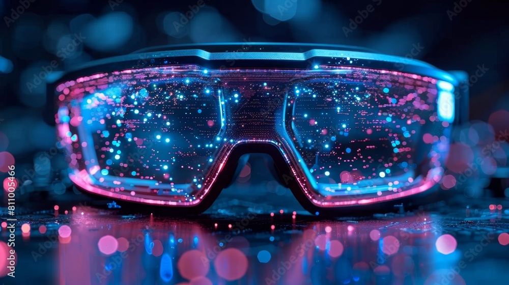 Poster concept of futuristic vision enhancement with ar display in tech glasses, showcasing advanced techno