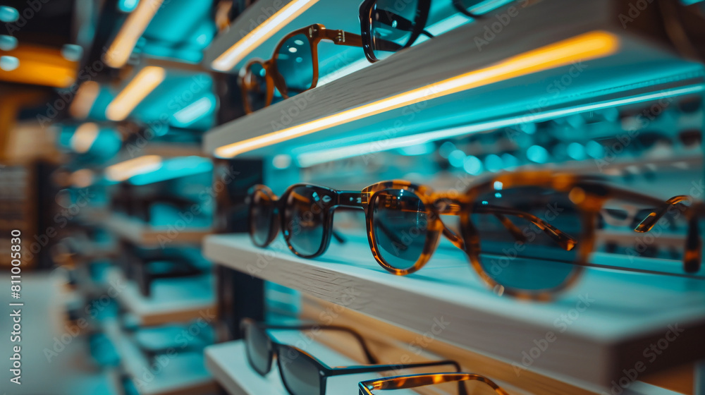 Poster spectacle optics shop, fashion glasses on display on the shelf of the optical store mall