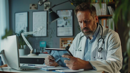 The doctor is a man and takes notes on a tablet in his office and writes a prescription to his patient, makes a diagnosis. Medical background	