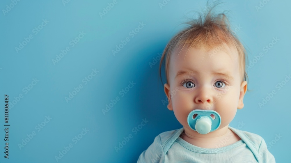 Wall mural cute baby with pacifier teether in mouth with plain background