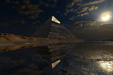 Golden Apex: Pyramid at Night under Moonlight
A pyramid with a golden tip illuminated by moonlight at night