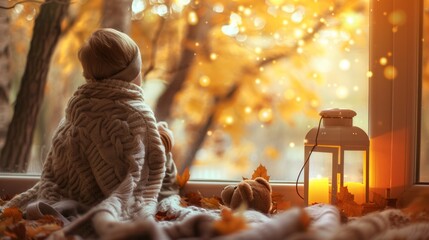 Back view of a little child sitting by window with lantern and beautiful Autumn foliage