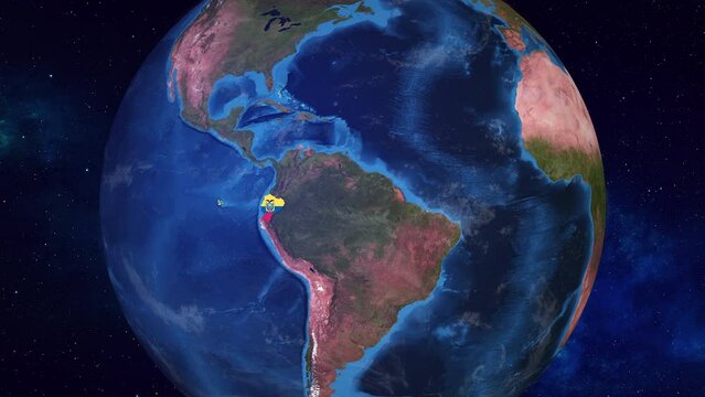 Realistic 3D Animation of Earth zooming in to  Ecuador with its border highlighted with its National Flag in 4K