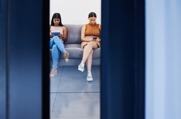 Office, lobby and people in waiting room on sofa for job interview and reading recruitment info. Elevator, women or scroll phone or tech in human resource with search for vacancy opportunity mockup