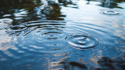 A close-up view of raindrops falling and creating ripples on the surface of water.