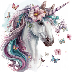 Adorable Fantasy Unicorn Head, Watercolor, AI Assisted Finalized In Photoshop By Me