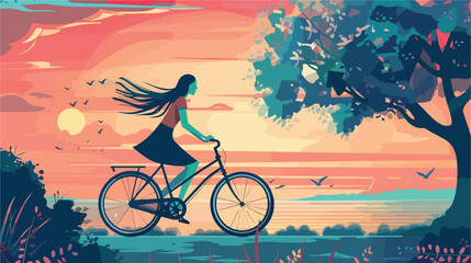 woman riding a bicycle with tree background Vector style