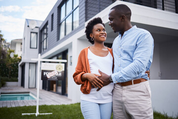 Outdoor, happy and black couple with new home, hug and achievement with mortgage loan approval,...