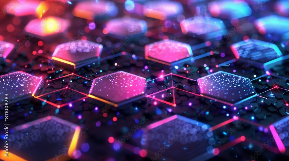 Poster A vibrant array of interconnected hexagonal nodes with neon colors representing a digital network.