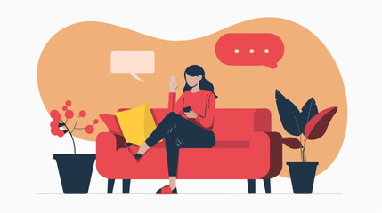 woman sitting on red sofa with message Vector style 
