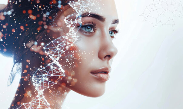 A woman's face with half of her head in white and the other side showing DNA strands, representing precision medical technology for skin care on an isolated background.