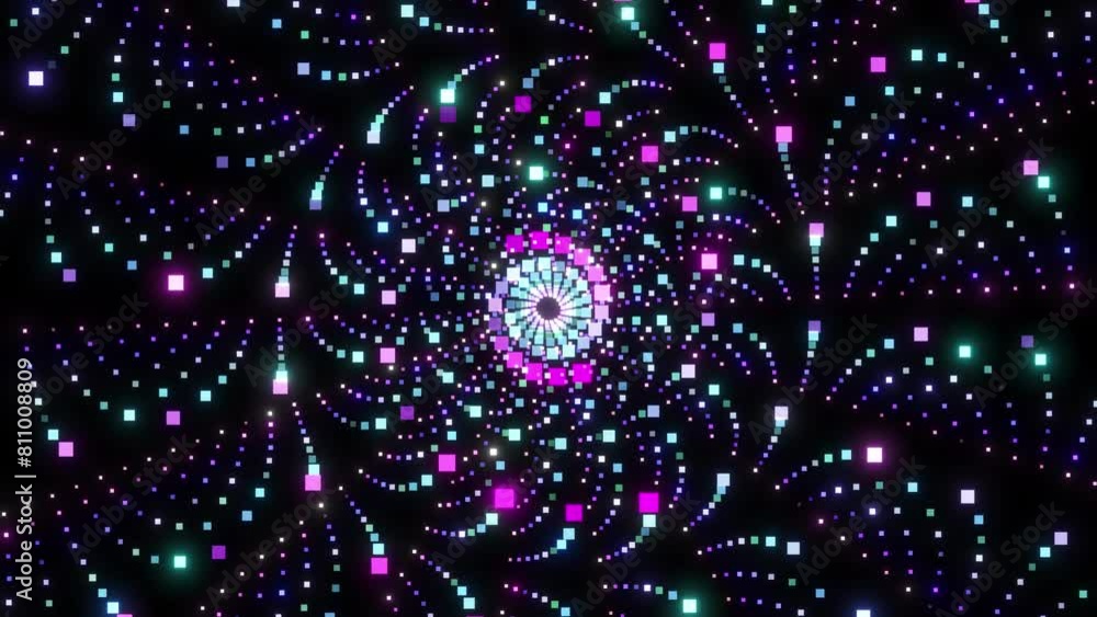 Poster glowing neon mandala pattern vj loop disco background. multi color glowing dot animation background.