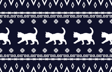 Cat pattern. Seamless. White stripes, dark color background. Ethnicity. Floral patterns, printed fabrics, pants, Lann