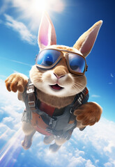 A cute cartoon bunny is skydiving, wearing sunglasses and a black flight suit, against a blue background with white clouds below under bright sunshine. Poster, cover, wallpaper