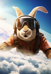 A cartoon rabbit wearing an aviator's helmet and goggles is flying in the sky, with clouds below him. Poster, cover, wallpaper 