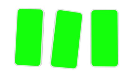 Three minimalistic white smartphones with blank screens fly in from the left side, the clip includes luma matte chroma key and tracking plane with marks. Mobile app promo template
