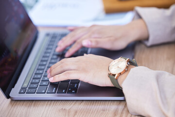 Business, woman and laptop in closeup with keyboard at desk, working with technology for company....