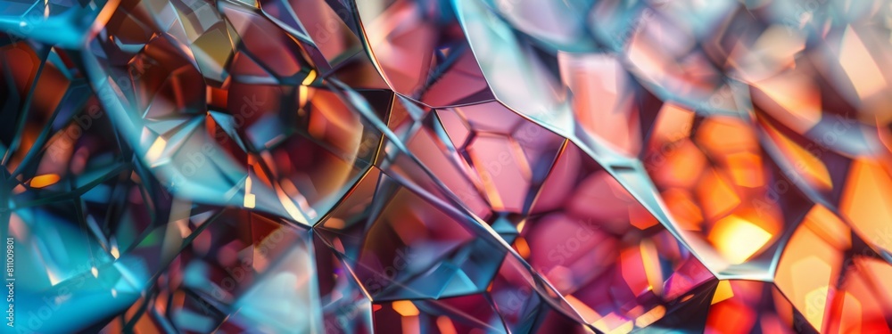 Aufkleber Close-up view of a vibrant, abstract glass structure with a play of light and color.