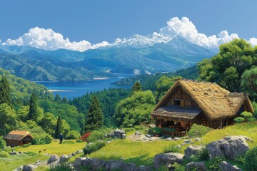 A Painting of a Cabin in the Mountains
