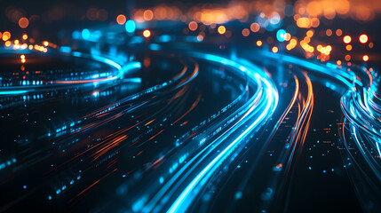 Digital lines high speed. curved bright neon lines. Smooth is used to portray a data network.