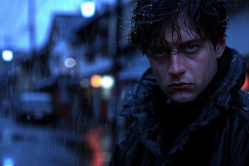 Fototapeta premium Man Standing in Rain on City Street