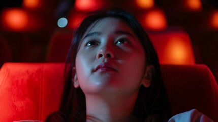 Young Asian woman watching a film in a cinema, AI-generated.