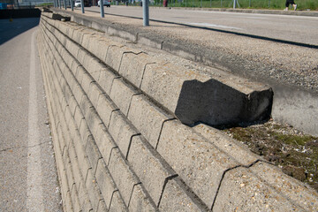 dry stone walls, construction detail of prefabricated walls in gravity concrete blocks, retaining...