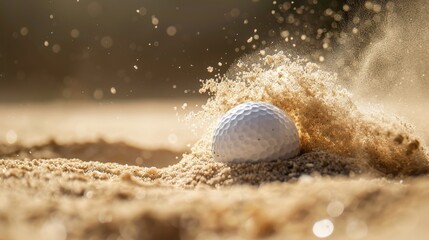 A close up of a golf ball hitting the sand of a sand trap.