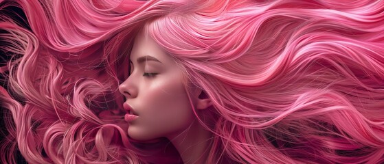 Fototapeta premium russian long hair color pink wavy pink, in the style of raw and edgy, gemstone, ultra realistic, algeapunk, light black and pink, photorealistic hyperbole, asymmetrical framing