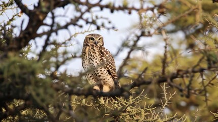 Obraz premium The photo was captured from below showing it perched at the very top of the prickly tree