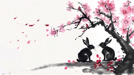 Naklejka premium Traditional Chinese ink art painting of rabbit and blossom tree.