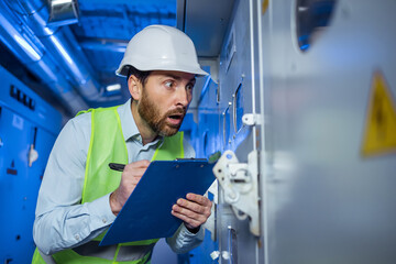 The engineer shocked surprised when he checks the data on the clipboard and indicators