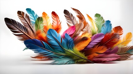 color full feathers flying on a white background,	